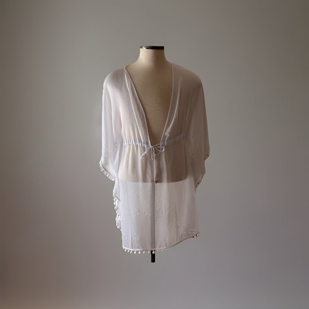 Bleu Rod Beattie Women's Gypset Caftan Cover Up Swimsuit White Size L Pom Pom